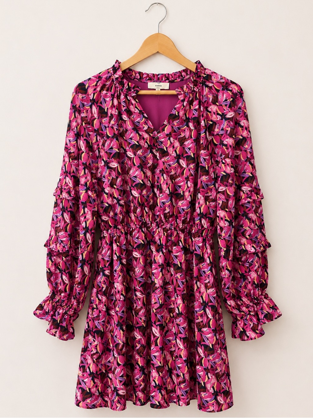 Entro Floral Tiered Dress Ruffle Pink Purple Long Sleeve Boho Boutique Large - Picture 2 of 6